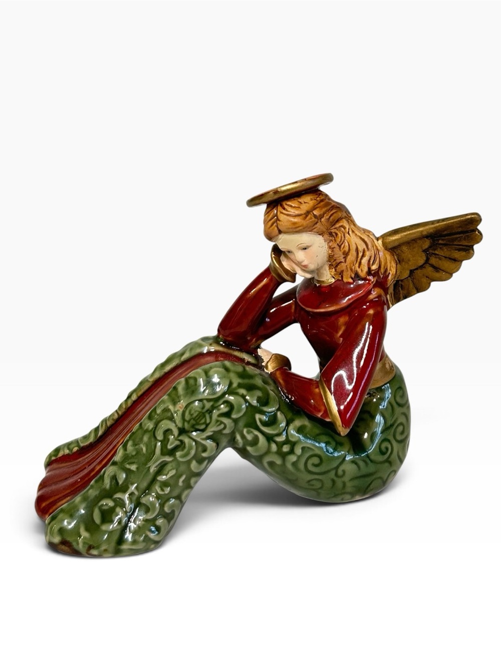 Angel Sitting Down  in a Thinking Position Red Green Gown Figurine